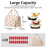 2-Pack Strawberry & Beige Floral Print Soft Corduroy Insulated Lunch Bag for Women and Students - Large Capacity Thermal Lunch Tote with Shoulder Strap, Front Zip Pocket and Side Bottle Holder 11.4 x 9 6.7 inch - Top-Down View