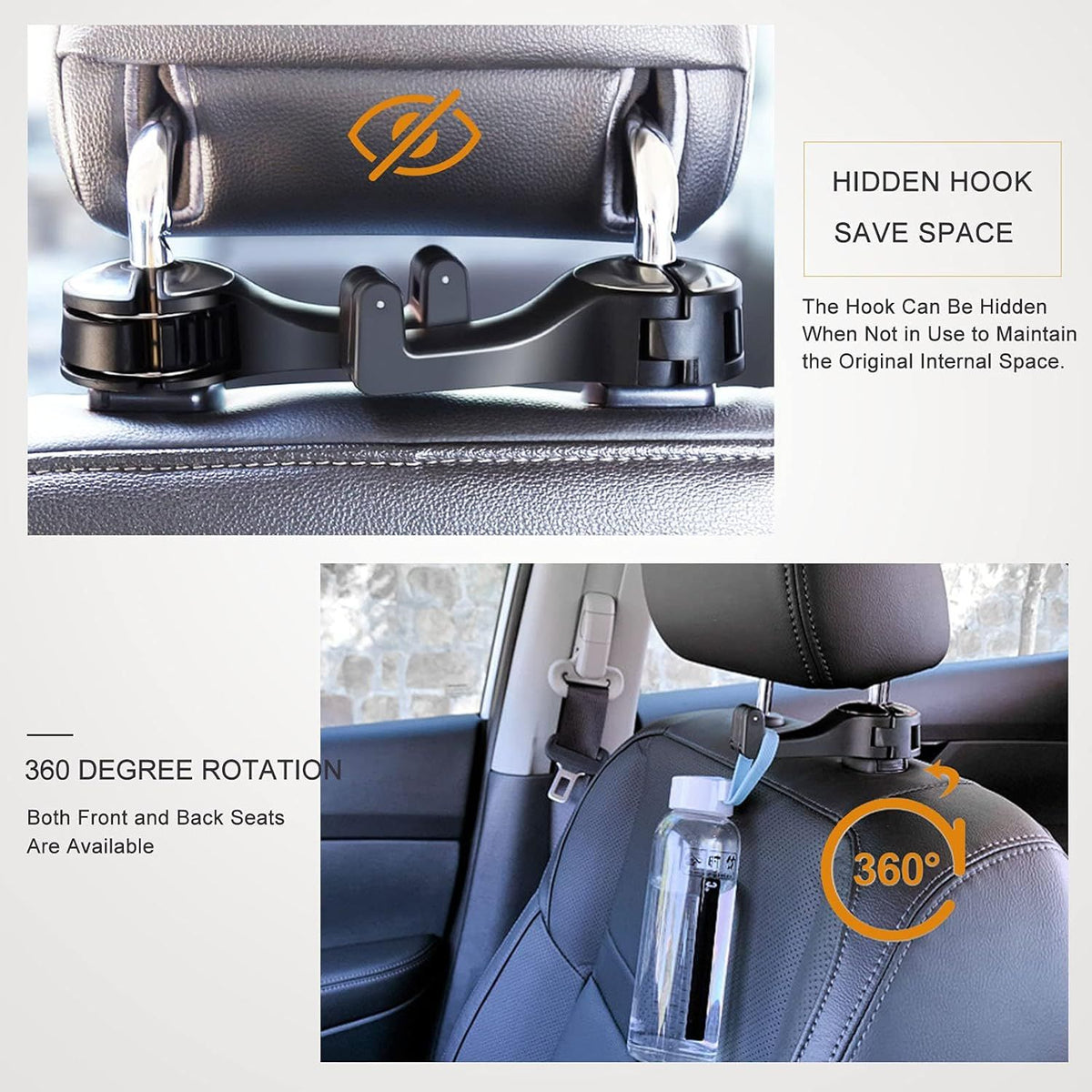 4 Pack Gold Car Headrest Hook with Phone Holder for Purses Bags and 4-6.5 Inch Smartphones, Universal 360 Rotation Back Seat Storage Hook and Mobile Stand