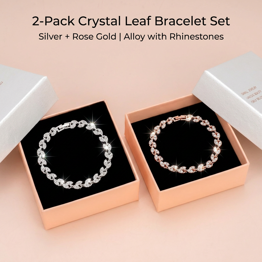 2 Pack Silver and Rose Gold Women's Crystal Leaf Bracelets with Gift Box – Elegant Rhinestone Alloy Link Bracelet, Minimalist Fashion Jewelry Gift for Women