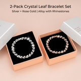 2 Pack Silver and Rose Gold Women's Crystal Leaf Bracelets with Gift Box – Elegant Rhinestone Alloy Link Bracelet, Minimalist Fashion Jewelry Gift for Women