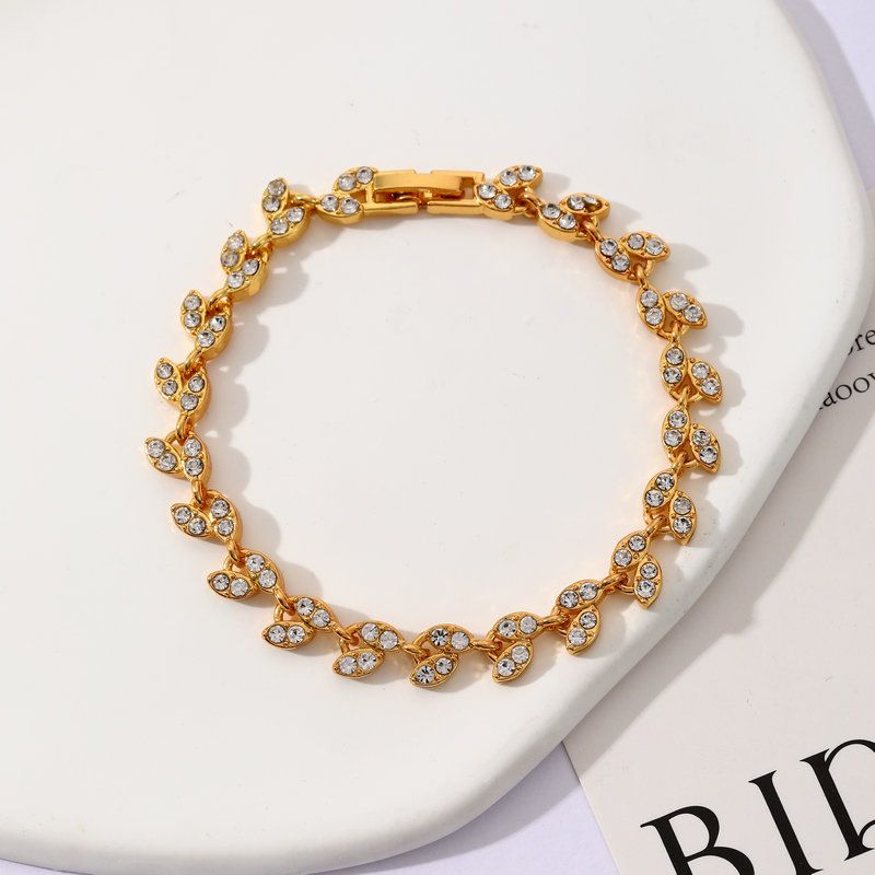 2 Pack Gold and Rose Gold Women's Crystal Leaf Bracelets with Gift Box – Elegant Rhinestone Alloy Link Bracelet, Minimalist Fashion Jewelry Gift for Women