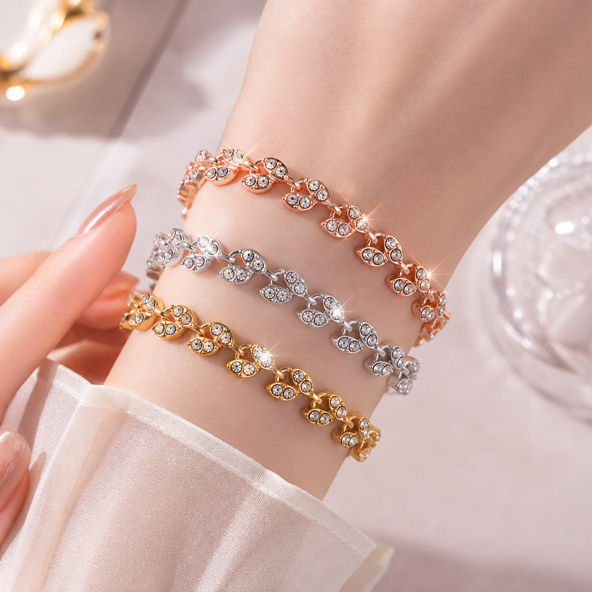 3 Pack Silver Gold and Rose Gold Women's Crystal Leaf Bracelets with Gift Box – Elegant Rhinestone Alloy Link Bracelet, Minimalist Fashion Jewelry Gift for Women