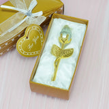 2 Set of White Crystal Rose Flower with Gold Gift Box and Gold Plated Stem Leaf – Elegant Crystal & Metal Rose Ornament | Wedding Party Gift, Valentine's Day & Anniversary Keepsake