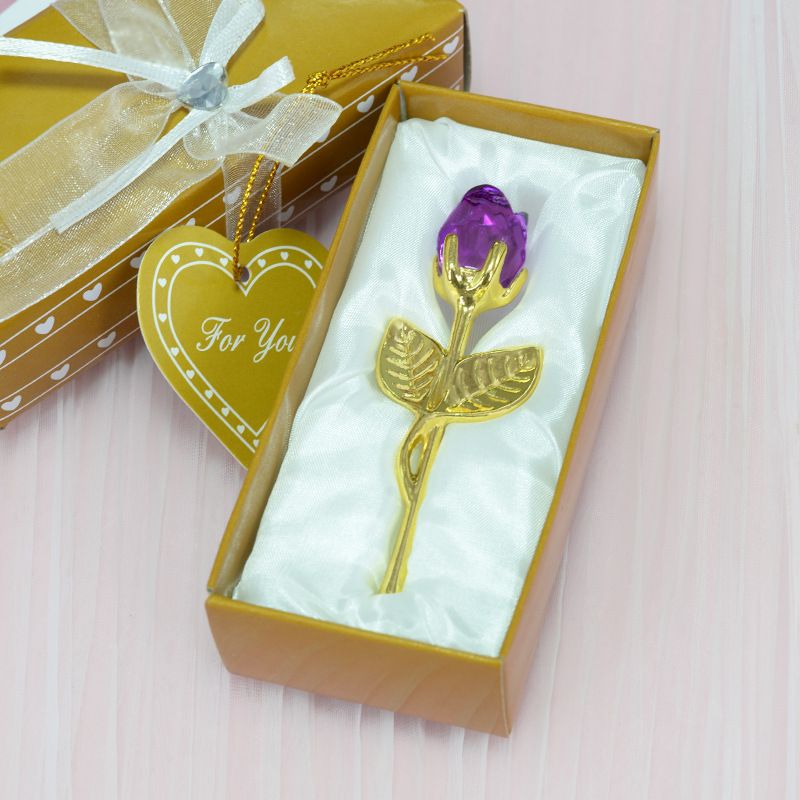 2 Set of Purple Crystal Rose Flower with Gold Gift Box and Gold Plated Stem Leaf – Elegant Crystal & Metal Rose Ornament | Wedding Party Gift, Valentine's Day & Anniversary Keepsake