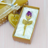 2 Set of Purple Crystal Rose Flower with Gold Gift Box and Gold Plated Stem Leaf – Elegant Crystal & Metal Rose Ornament | Wedding Party Gift, Valentine's Day & Anniversary Keepsake