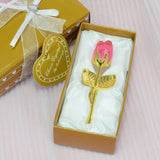 2 Set of Pink Crystal Rose Flower with Gold Gift Box and Gold Plated Stem Leaf – Elegant Crystal & Metal Rose Ornament | Wedding Party Gift, Valentine's Day & Anniversary Keepsake