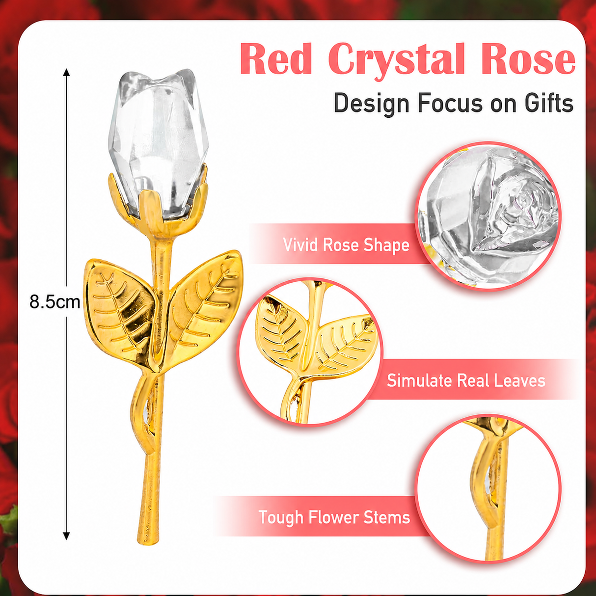 2 Set of Red Crystal Rose Flower with Gold Gift Box and Gold Plated Stem Leaf – Elegant Crystal & Metal Rose Ornament | Wedding Party Gift, Valentine's Day & Anniversary Keepsake
