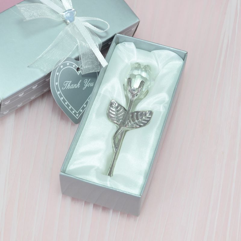 2 Set of White Crystal Rose Flower with Silver Gift Box and Silver Plated Stem Leaf – Elegant Crystal & Metal Rose Ornament | Wedding Party Gift, Valentine's Day & Anniversary Keepsake