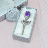 2 Set of Purple Crystal Rose Flower with Silver Gift Box and Silver Plated Stem Leaf – Elegant Crystal & Metal Rose Ornament | Wedding Party Gift, Valentine's Day & Anniversary Keepsake