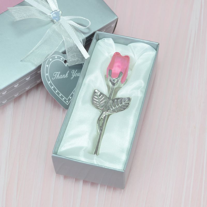 2 Set of Pink Crystal Rose Flower with Silver Gift Box and Silver Plated Stem Leaf – Elegant Crystal & Metal Rose Ornament | Wedding Party Gift, Valentine's Day & Anniversary Keepsake