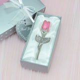2 Set of Pink Crystal Rose Flower with Silver Gift Box and Silver Plated Stem Leaf – Elegant Crystal & Metal Rose Ornament | Wedding Party Gift, Valentine's Day & Anniversary Keepsake