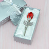 2 Set of Red Crystal Rose Flower with Silver Gift Box and Silver Plated Stem Leaf – Elegant Crystal & Metal Rose Ornament | Wedding Party Gift, Valentine's Day & Anniversary Keepsake