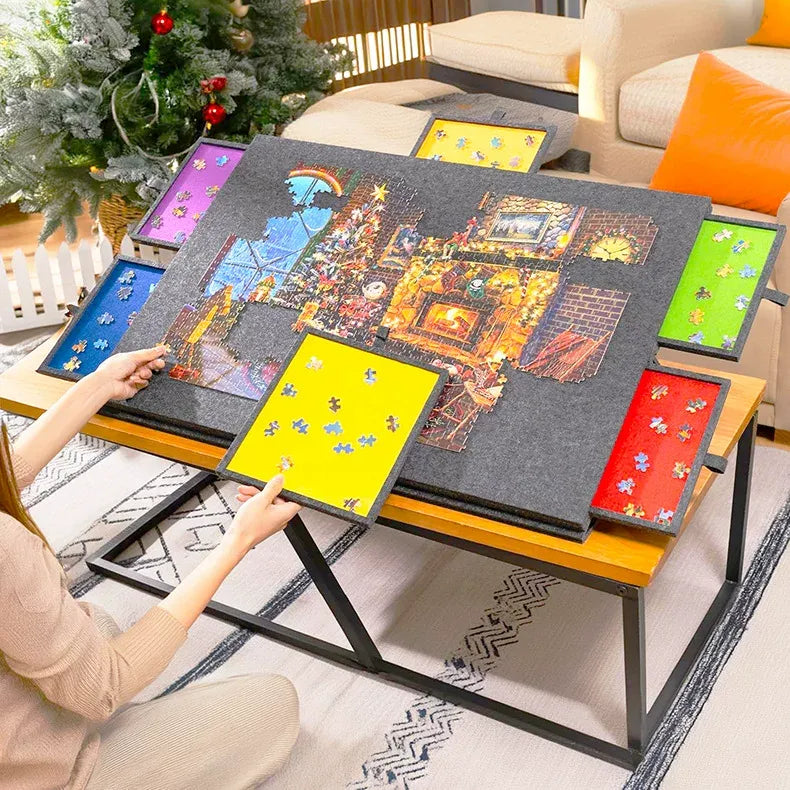 Dark Grey Foldable Anti-Slip Felt Jigsaw Puzzle Board with 6 Sorting Drawers – Lightweight 1000 Piece Puzzle Table Mat, 2-in-1 Neck-Friendly Storage Stand and Protective Cover for Unfinished Puzzle