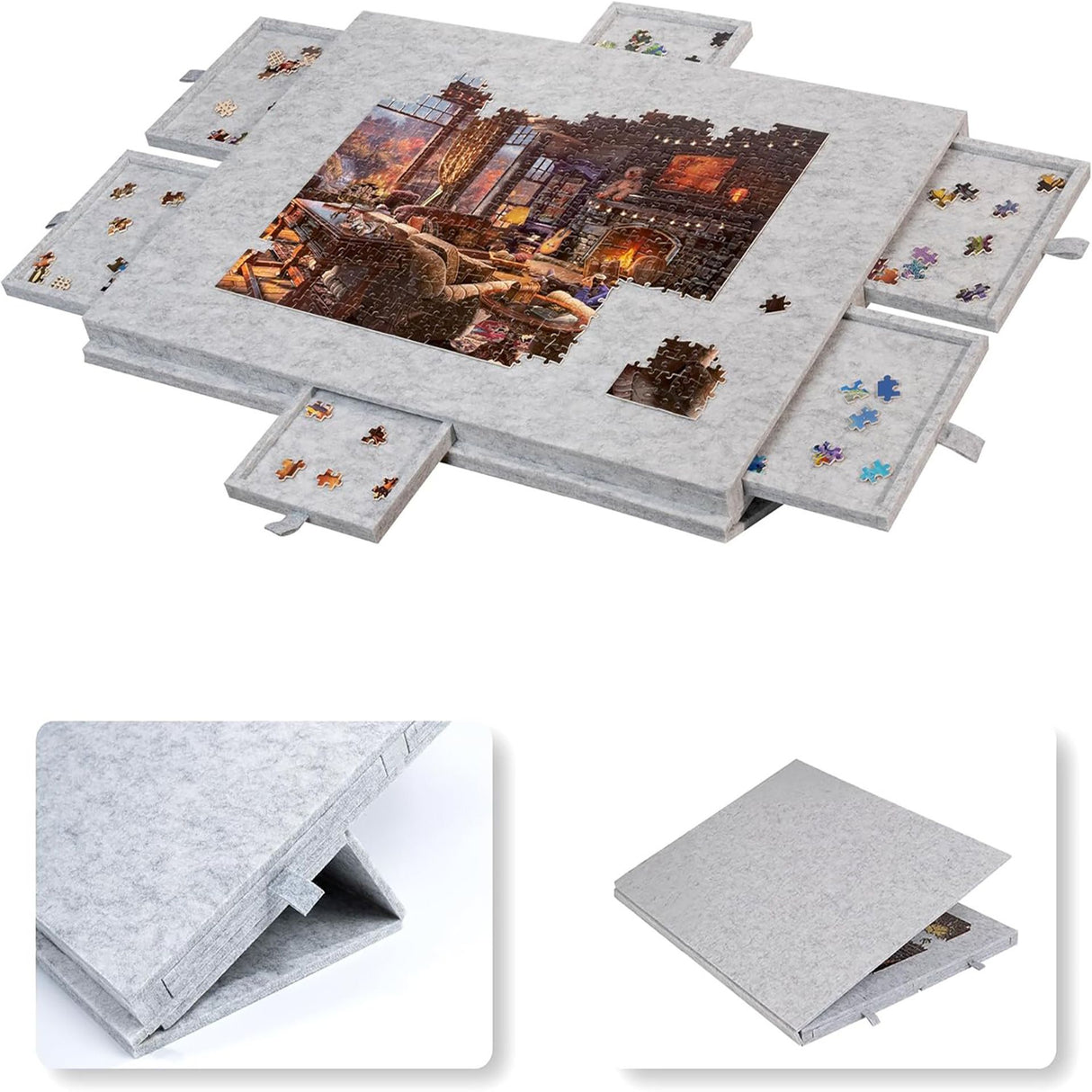 Silver Grey Foldable Anti-Slip Felt Jigsaw Puzzle Board with 6 Sorting Drawers – Lightweight 1000 Piece Puzzle Table Mat, 2-in-1 Neck-Friendly Storage Stand and Protective Cover for Unfinished Puzzle