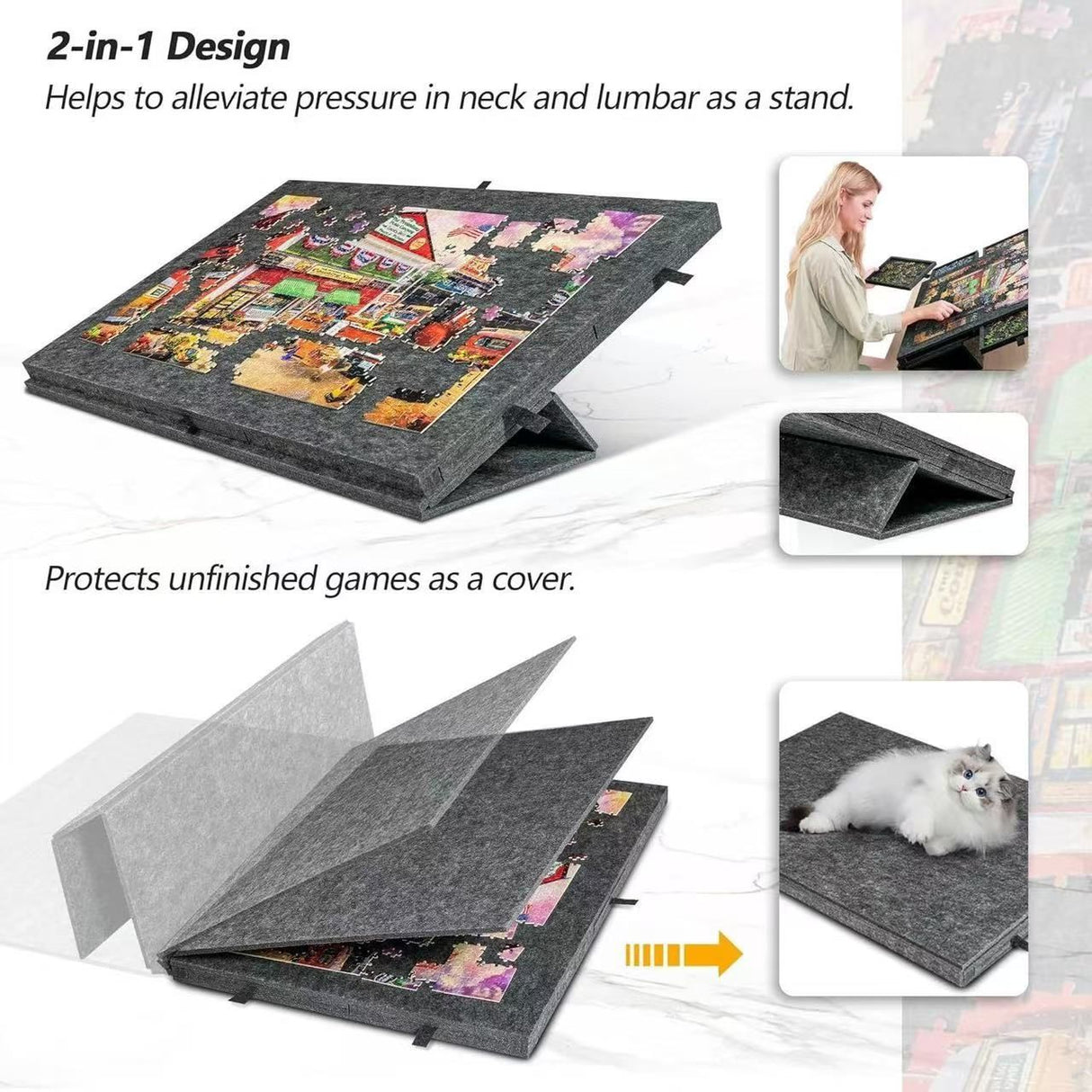 Silver Grey Foldable Anti-Slip Felt Jigsaw Puzzle Board with 6 Sorting Drawers – Lightweight 1000 Piece Puzzle Table Mat, 2-in-1 Neck-Friendly Storage Stand and Protective Cover for Unfinished Puzzle