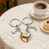 Silver & Gold Magnetic Matching Split Heart Zinc Alloy Keychain Set for Couples – Detachable Love Heart Key Rings with Star & Moon Charms, Anniversary Birthday Gift for Him and Her, Bag Accessory - Front View