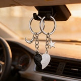 Silver & Gold Magnetic Matching Split Heart Zinc Alloy Keychain Set for Couples – Detachable Love Heart Key Rings with Star & Moon Charms, Anniversary Birthday Gift for Him and Her, Bag Accessory - Top-Down View