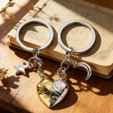 Black & White Magnetic Matching Split Heart Zinc Alloy Keychain Set for Couples – Detachable Love Heart Key Rings with Star & Moon Charms, Anniversary Birthday Gift for Him and Her, Bag Accessory