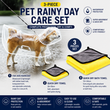3 Piece Rainy Day Pet Care Set - XL Size Waterproof Dog Hooded EVA Transparent Raincoat with Full-Coverage Poncho Design Adjustable Snaps and Leash Access, Free High Absorbency Quick Dry 30 × 30cm Towel and 140 × 70cm Large Bath Towel for Small Medium Lar