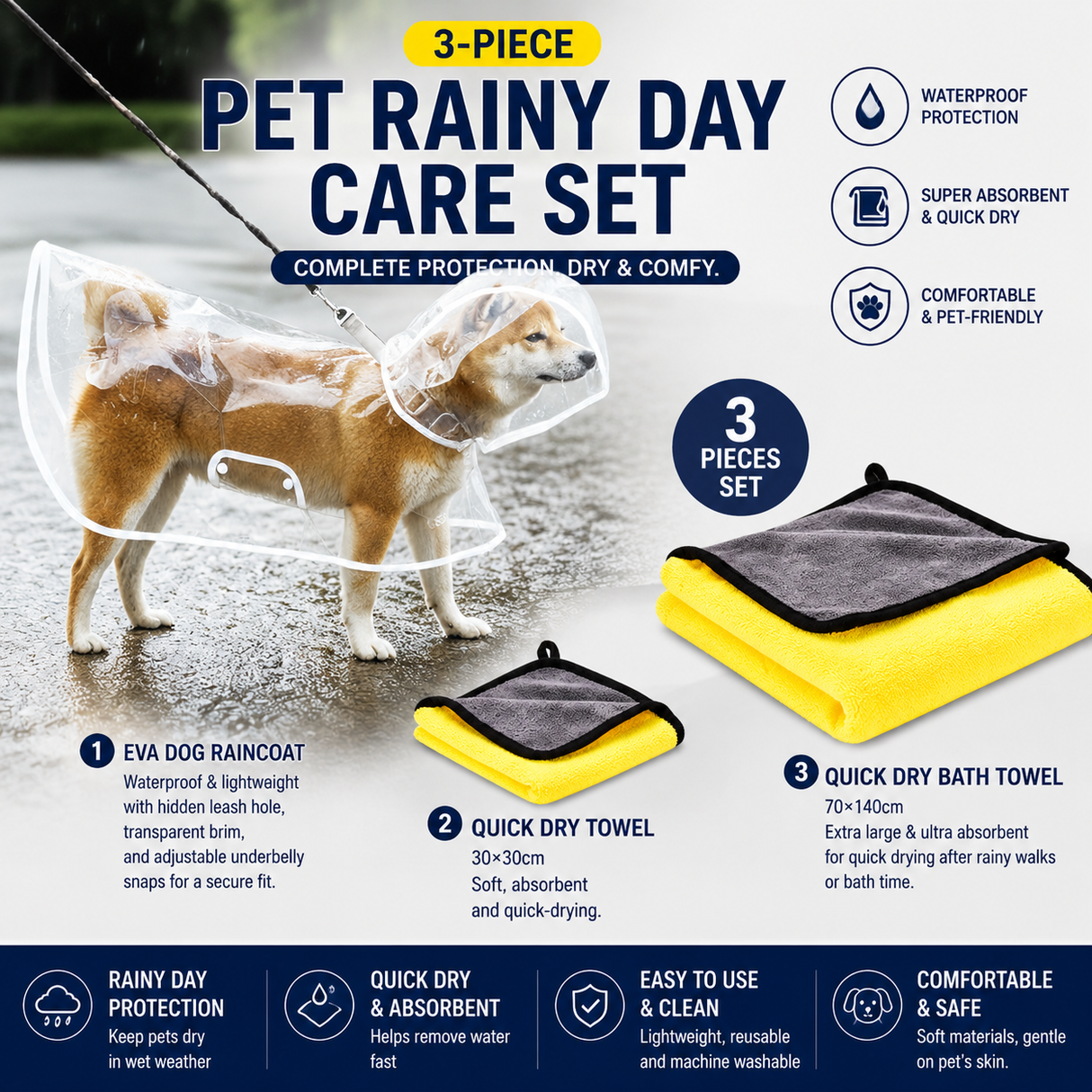 3 Piece Rainy Day Pet Care Set - 6XL Size Waterproof Dog Hooded EVA Transparent Raincoat with Full-Coverage Poncho Design Adjustable Snaps and Leash Access, Free High Absorbency Quick Dry 30 × 30cm Towel and 140 × 70cm Large Bath Towel for Small Medium La