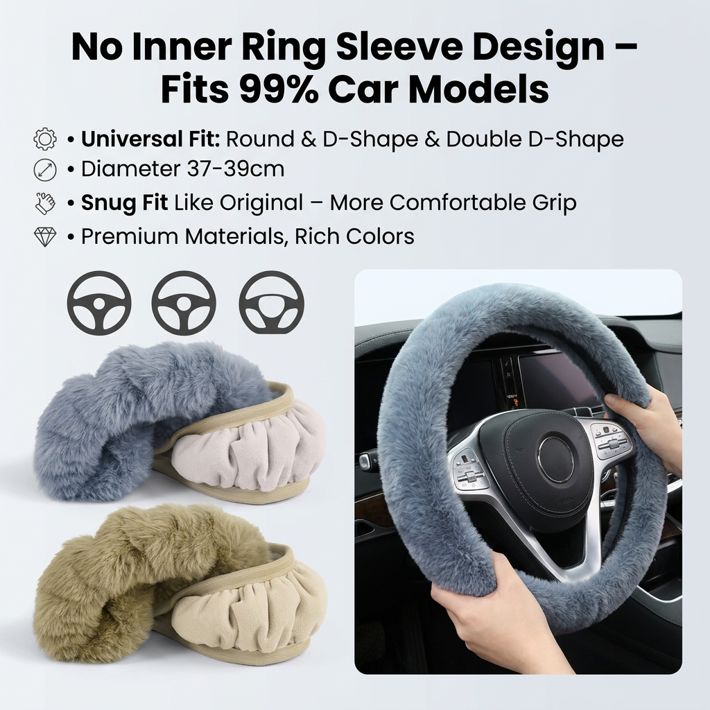 2-Piece Winter Warm Non-Slip Car Interior Comfort Combo with Black Soft Bubble Fleece 3D Fluffy Car Seat Cushion and Black Plush Steering Wheel Cover, Universal Dia 38CM