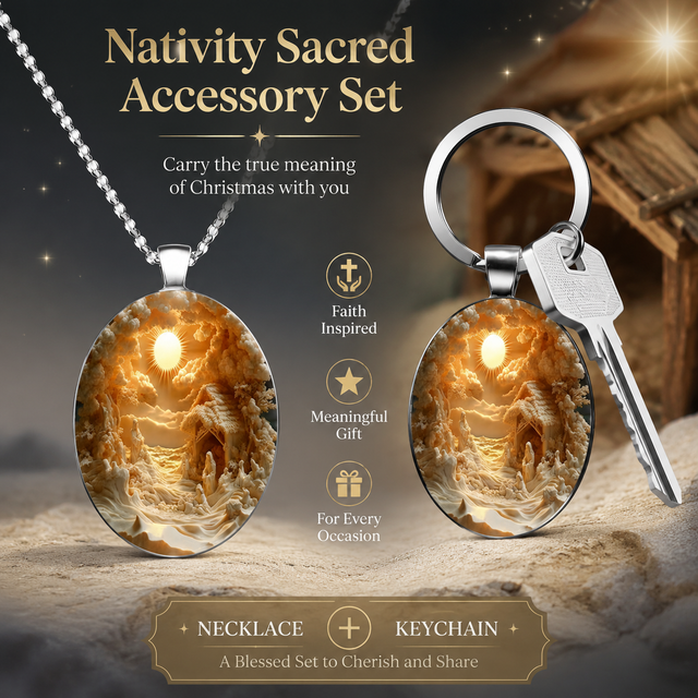 3D Nativity Scene Pendant Necklace & Keyring Set with Gift Box – Christmas Glass Cabochon & Alloy Jewellery Combo for Men and Women
