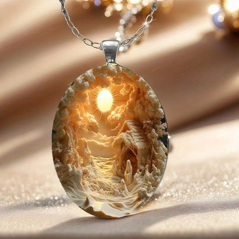3D Nativity Scene Pendant Necklace & Keyring Set with Gift Box – Christmas Glass Cabochon & Alloy Jewellery Combo for Men and Women