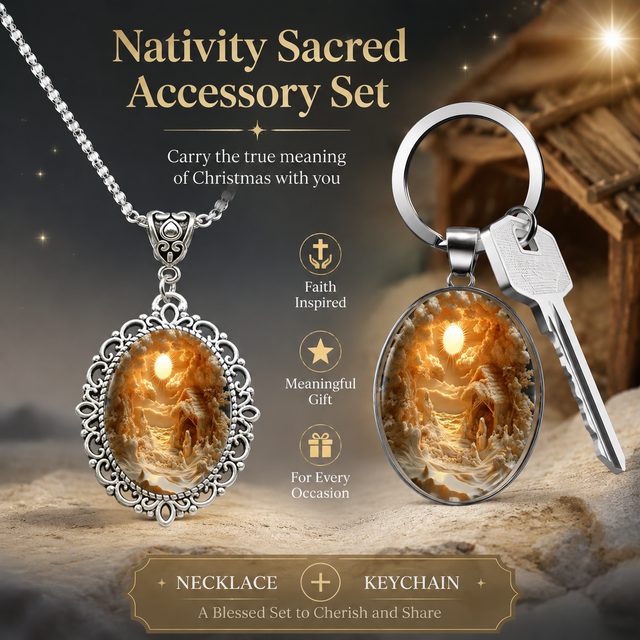 3D Nativity Scene Silver Pendant Necklace & Keyring Set with Gift Box – Christmas Glass Cabochon & Alloy Jewellery Combo for Men and Women