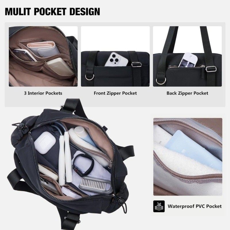 Black Women’s Fluffy Nylon Gym Travel Tote Bag and Coin Purse Set - Side Drawstring Cup Holder, Front / Back Zipper Pockets and Wet & Dry Separation, Large Capacity and Lightweight 11.7 x 4.2 x 8"