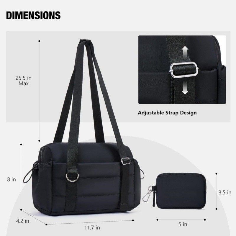 Black Women’s Fluffy Nylon Gym Travel Tote Bag and Coin Purse Set - Side Drawstring Cup Holder, Front / Back Zipper Pockets and Wet & Dry Separation, Large Capacity and Lightweight 11.7 x 4.2 x 8"