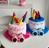 2-piece Blue Plush Birthday Cake Hat Set - Novelty Party Accessory with Matching Glasses, Fun Photo Prop for Adults and Kids - Front View