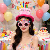 2-piece Pink Plush Birthday Cake Hat Set - Novelty Party Accessory with Matching Glasses, Fun Photo Prop for Adults and Kids - Rear View