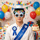 4-piece Blue Plush Birthday Cake Hat Set - Novelty Party Accessory with Matching Glasses and Medals and Shoulder Straps, Fun Photo Prop for Adults and Kids - 45-Degree Angle
