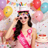 4-piece Pink Plush Birthday Cake Hat Set - Novelty Party Accessory with Matching Glasses and Medals and Shoulder Straps, Fun Photo Prop for Adults and Kids - 45-Degree Angle