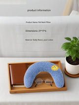 Blue Pet U-Shaped Pillow - Soft Teddy Velvet Neck Support Cushion for Dogs and Cats, Deep Sleep Aid with Embroidered Design, Lightweight and Comfortable Pet Bed Accessory - Rear View
