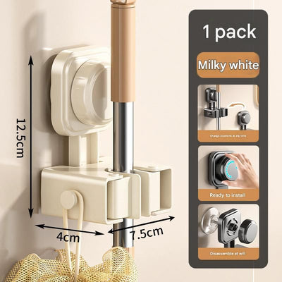 1 pack Milky white Suction Cup Mop and Broom Holder Wall Mount - No Drill Adhesive Hook for Bathroom, Kitchen and Laundry, Strong Hold Reusable Storage Organiser for Cleaning Tools