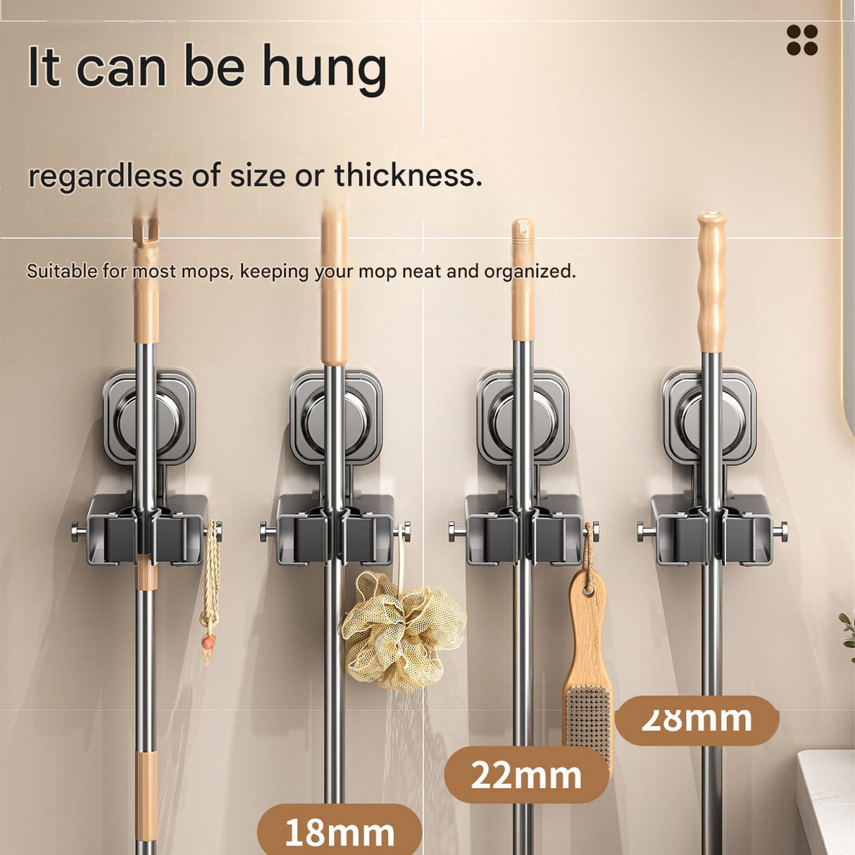 1 pack Milky white Suction Cup Mop and Broom Holder Wall Mount - No Drill Adhesive Hook for Bathroom, Kitchen and Laundry, Strong Hold Reusable Storage Organiser for Cleaning Tools