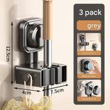 3 pack Grey Suction Cup Mop and Broom Holder Wall Mount - No Drill Adhesive Hook for Bathroom, Kitchen and Laundry, Strong Hold Reusable Storage Organiser for Cleaning Tools