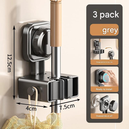 3 pack Grey Suction Cup Mop and Broom Holder Wall Mount - No Drill Adhesive Hook for Bathroom, Kitchen and Laundry, Strong Hold Reusable Storage Organiser for Cleaning Tools