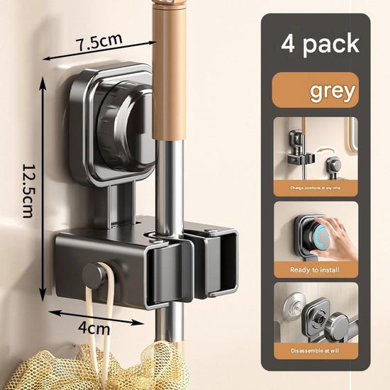 4 pack Grey Suction Cup Mop and Broom Holder Wall Mount - No Drill Adhesive Hook for Bathroom, Kitchen and Laundry, Strong Hold Reusable Storage Organiser for Cleaning Tools