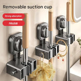 4 pack Grey Suction Cup Mop and Broom Holder Wall Mount - No Drill Adhesive Hook for Bathroom, Kitchen and Laundry, Strong Hold Reusable Storage Organiser for Cleaning Tools - Front View
