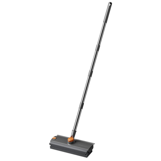Grey Floor Scrub Brush with V-Shaped Bristles - 360 Degree Rotating Long Handle Gap Cleaner for Bathroom Tiles, Grout and Corners, Heavy Duty Scraper and Brush Combo for  Homes