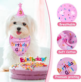 Pink Pet Birthday Bandana and Hat Set - Soft Cotton, Double-Sided Print, Adjustable Party Hat with Number - Cute Dog Birthday Accessories for Photo Props and Celebration - Top-Down View