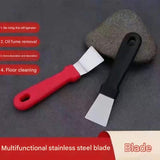 8-Piece   Cleaning Brush Set（Includes 8 transparent hooks） - Stainless Steel Scraper, Brass, Carbon Steel and Nylon Bristles - Multi-Purpose Scrubber for Kitchen Stove, Bathroom Tiles and Grout - Space Saving Design - Close-Up Angle