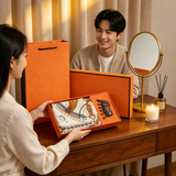 Luxury Orange Scarf Gift Set for Women - 70x70cm Belt Buckle Print Square Scarf with Elephant Comb, Stylish Neck Scarf & Hair Comb Set in Gift Box - Perfect Present for Birthday, Mother's Day, Anniversary - Front View