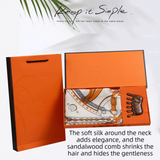 Luxury Orange Scarf Gift Set for Women - 70x70cm Belt Buckle Print Square Scarf with Elephant Comb, Stylish Neck Scarf & Hair Comb Set in Gift Box - Perfect Present for Birthday, Mother's Day, Anniversary - Side View