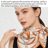 Luxury Orange Scarf Gift Set for Women - 70x70cm Belt Buckle Print Square Scarf with Elephant Comb, Stylish Neck Scarf & Hair Comb Set in Gift Box - Perfect Present for Birthday, Mother's Day, Anniversary - Top-Down View