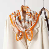 Luxury Orange Scarf Gift Set for Women - 70x70cm Belt Buckle Print Square Scarf with Elephant Comb, Stylish Neck Scarf & Hair Comb Set in Gift Box - Perfect Present for Birthday, Mother's Day, Anniversary - Low Angle