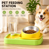 Yellow and Green Cat & Dog Feeding Station with Water Dispenser – Elevated Stainless Steel Pet Bowl Set with Slow Feeder, Anti-Spill Design and Automatic Water Supply
