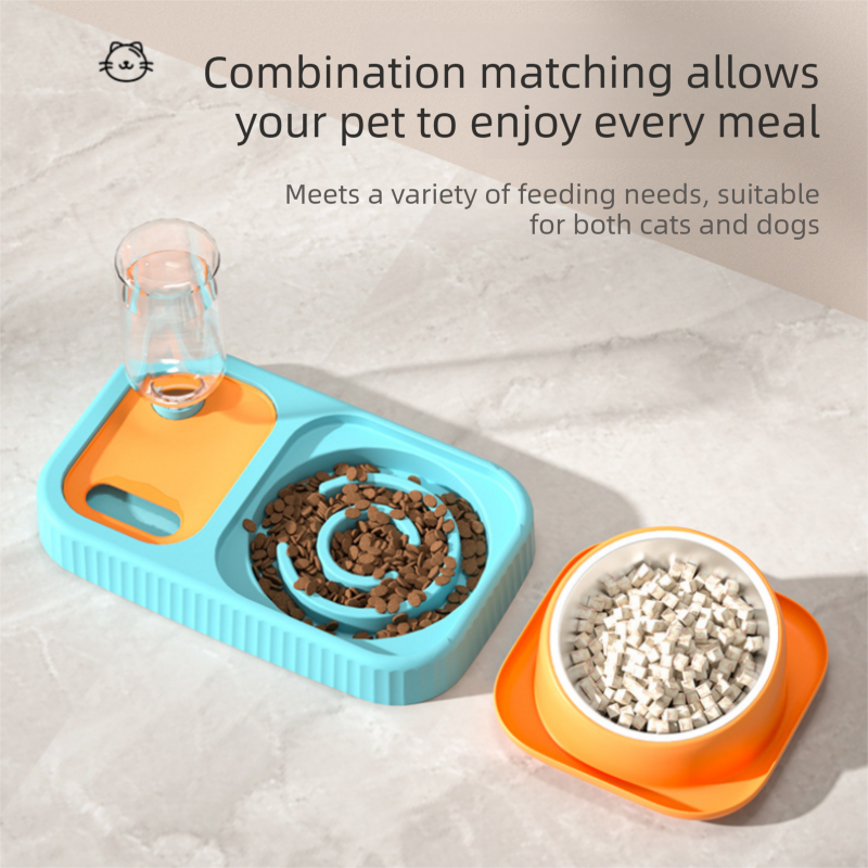 Grey and  White Cat & Dog Feeding Station with Water Dispenser – Elevated Stainless Steel Pet Bowl Set with Slow Feeder, Anti-Spill Design and Automatic Water Supply